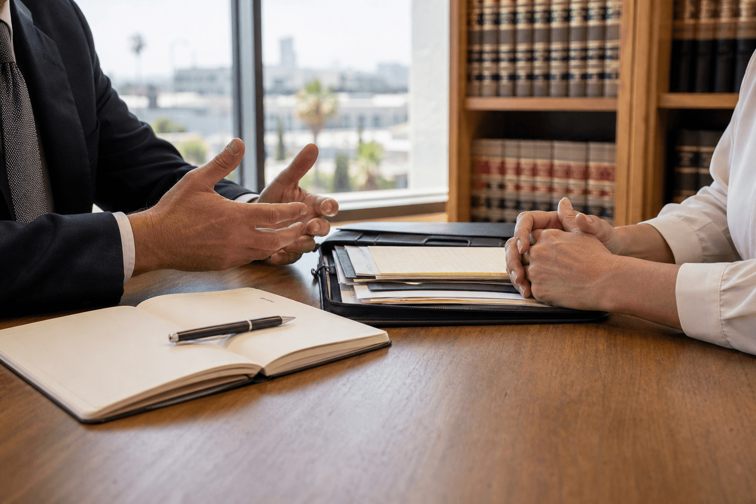 An attorney speaking directly with a client across a table